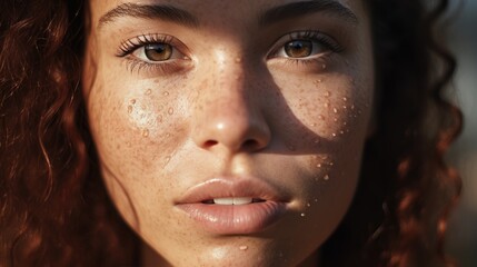 Close up of middle of a mixed race woman's face with freckles.
