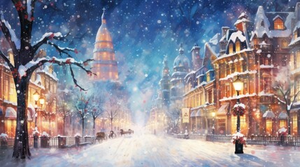 Snow-covered streets with illuminated buildings, horse carriages, and a dominant cathedral. Winter city landscape. - obrazy, fototapety, plakaty