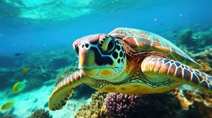 Close-up of sea turtle swimming underwater over coral reef, Indian Ocean, Mauritius.
