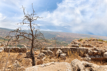 View  towards Lebanese border from the fortress walls of the medieval fortress of Nimrod - Qalaat...