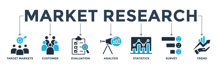 Market research banner web icon vector illustration concept with icon of target markets, customer, evaluation, analysis, statistics, survey, and trend