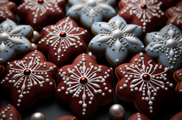 Christmas background with gingerbread cookies decorated with icing, top view