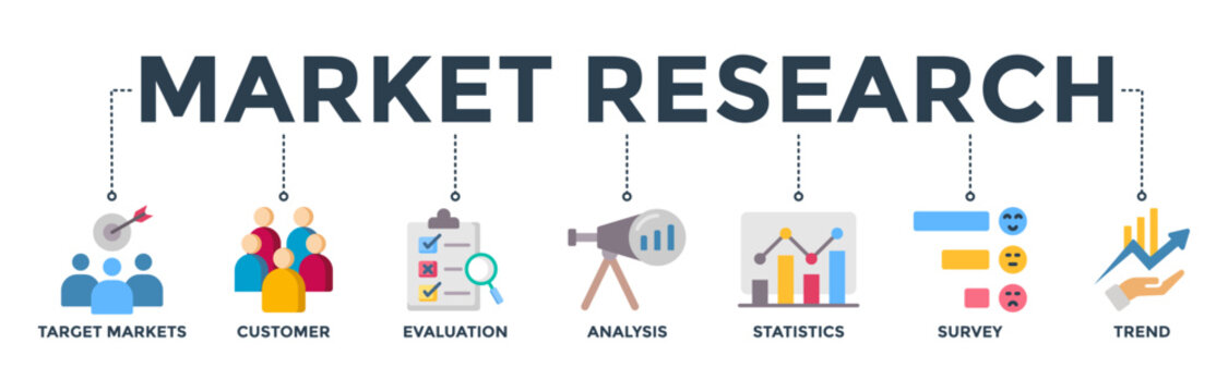 Market Research Banner Web Icon Vector Illustration Concept With Icon Of Target Markets, Customer, Evaluation, Analysis, Statistics, Survey, And Trend