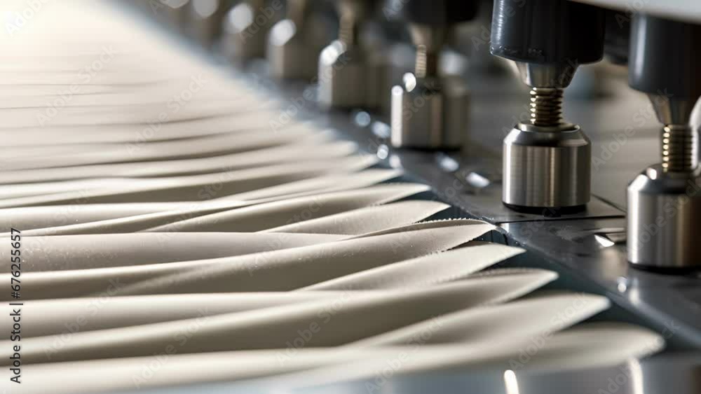 Aufkleber an upclose scene of a fabric ting table, displaying a row of sharp rotary blades poised to swiftly g