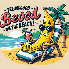 Illustration of a cartoon banana wearing sunglasses and lounging on a beach chair, sipping a drink.png Generative AI