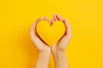 Manos de mujer sujetando un corazón amarillo en fondo amarillo. - obrazy, fototapety, plakaty