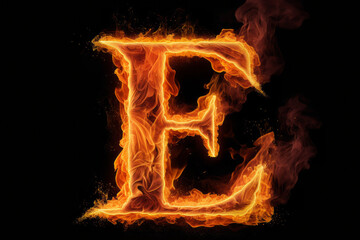 Letra E en llamas de fuego en fondo negro. - obrazy, fototapety, plakaty
