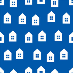 Fototapeta premium Blue seamless pattern with white tiny houses