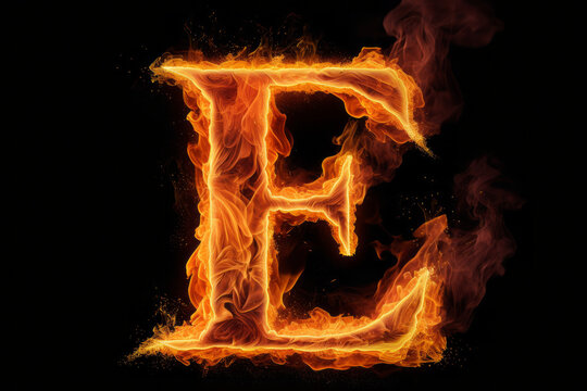 Letra E en llamas de fuego en fondo negro.