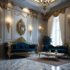 Extravagant Classic European Style Palace Interior Entrance Hall Room,  Royal Gold Metal Elements, Generative AI