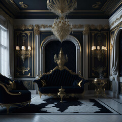 Extravagant Classic European Style Palace Interior Entrance Hall Room,  Royal Gold Metal Elements, Generative AI