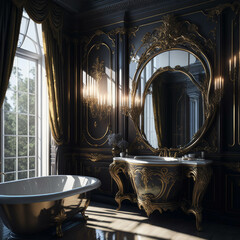 Extravagant Classic European Style Palace Bathroom,  Royal Gold Metal Elements, Generative AI