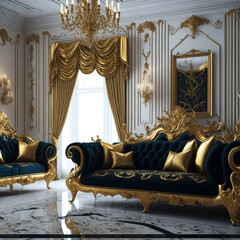 Extravagant Classic European Style Palace Interior Entrance Hall Room,  Royal Gold Metal Elements, Generative AI