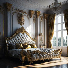 Extravagant Classic European Style Palace Bedroom, Royal Gold Metal Elements, Generative AI