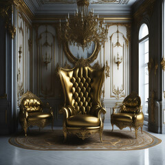 Extravagant Classic European Style Palace Interior Entrance Hall Room,  Royal Gold Metal Elements, Generative AI