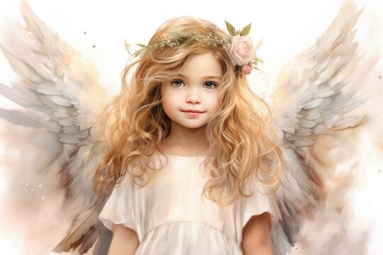 Blonde haired child, intricate wings and floral crown. Heavenly beings.