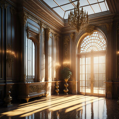 Extravagant Classic European Style Palace Interior Entrance Hall Room,  Royal Gold Metal Elements, Generative AI