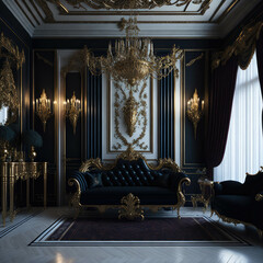 Extravagant Classic European Style Palace Interior Entrance Hall Room,  Royal Gold Metal Elements, Generative AI