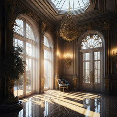 Extravagant Classic European Style Palace Interior Entrance Hall Room,  Royal Gold Metal Elements, Generative AI