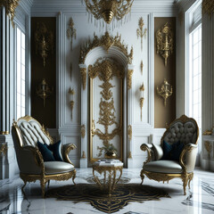 Extravagant Classic European Style Palace Interior Entrance Hall Room,  Royal Gold Metal Elements, Generative AI