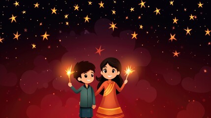 A young boy and girl celebrating the night sky with fireworks and stars, Fictional People Created by Generative AI.