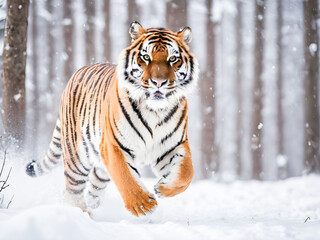 Siberian tiger running in the snow. Beautiful Amur tiger.