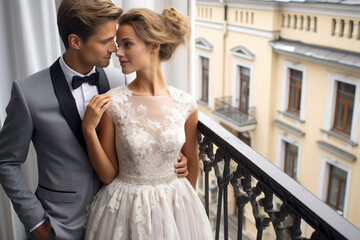 Naklejka premium The portrait of a lovey dovey wedding couple in a groom suit and bride dress pose on a balcony. Bride and groom wedding photography. Generative AI.