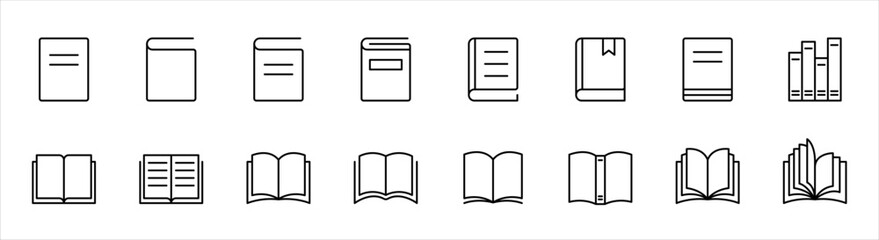 Book icon set. Line book icon. Library book symbol. Open and close textbook. Editable stroke. Vector illustration. - obrazy, fototapety, plakaty