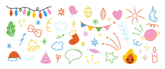 Merry Christmas and winter season doodle element vector. Set of bauble ball, ribbon, sock, arrow, flag, saturn, candle, foliage, speech bubble. Happy holiday collection for kids, decorative.
