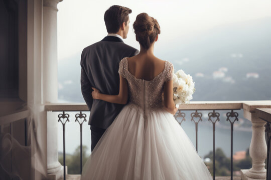 The portrait of a lovey dovey wedding couple in a groom suit and bride dress pose on a balcony. Bride and groom wedding photography. Generative AI.