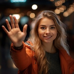 Close up view of young woman making stop gesture with her hand.