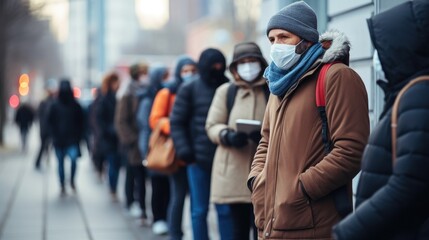 Full length shot of people wearing masks waiting, standing in line, keeping social distance at bus stop. Coronavirus, pandemic concept. Selective focus on guy in the queue. Horizontal shot.
