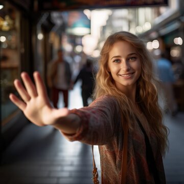 Close up view of young woman making stop gesture with her hand.
