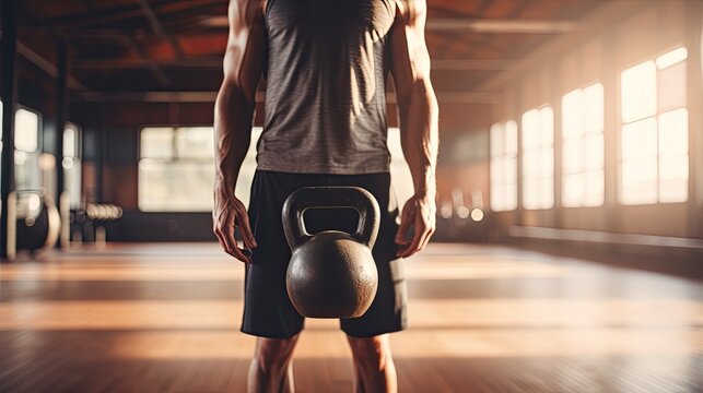 Gym fitness workout: Man ready to exercise with kettle bell.
