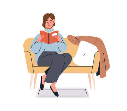 Woman Reading Book, Sitting On Sofa. Girl Reader Relaxing At Home, Resting With Literature. Female On Cozy Couch, Leisure Time In Apartment. Flat Vector Illustration Isolated On White Background