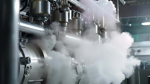 Detailed image of a steam boiler system in action, showing thick white vapor rising from the top, symbolizing the energy source used in the refinery process.