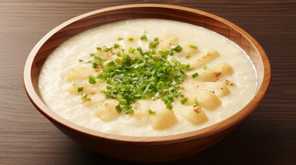 Delicious potato soup with fresh chive in wooden bowl