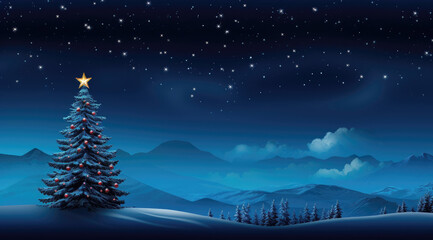 Illustrated tree under starry sky with mountains