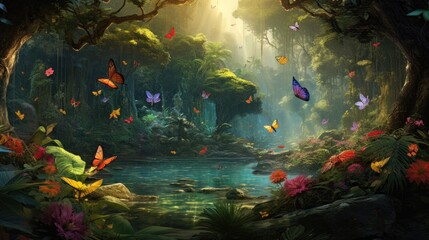 Fototapeta na wymiar Lush forest oasis with vibrant butterflies and serene pond. Nature and wildlife.