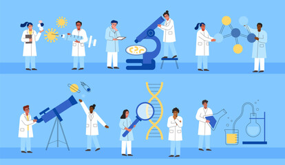 Cartoon scientists characters in lab coats work. Chemical researchers, people with test tubes, microscopes and dna models, vector set - obrazy, fototapety, plakaty