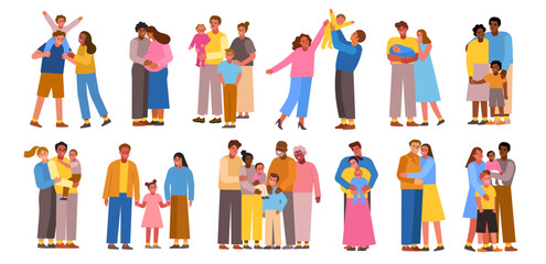 Cartoon happy families. Multinational people, parents with children, grandparents, couples, pregnant, newborns characters, vector set