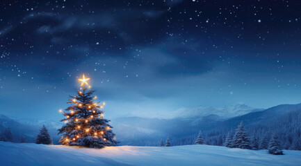 Rustic Christmas tree with lights in snowy landscape under starry sky