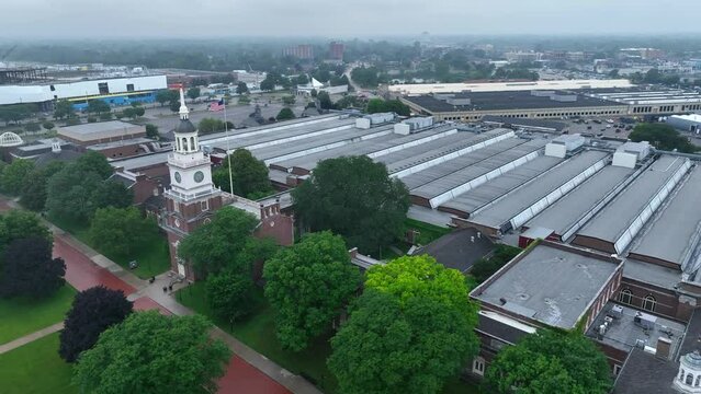 The Henry Ford Museum in Dearborn, Michigan. Aerial establishing shot on overcast day.