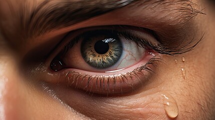 Man crying, close-up of eye and tear.
