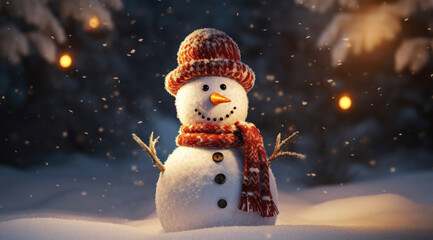 Quirky snowman in bokeh snow landscape with lights