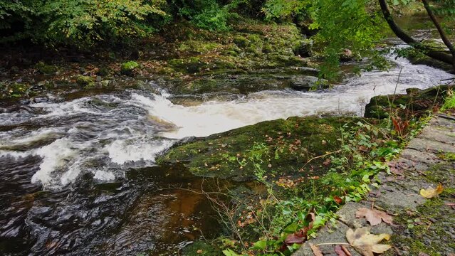 River Tavy boring downstream between rocks and boulders in the small Devonshire town of Tavistock in the United Kingdom