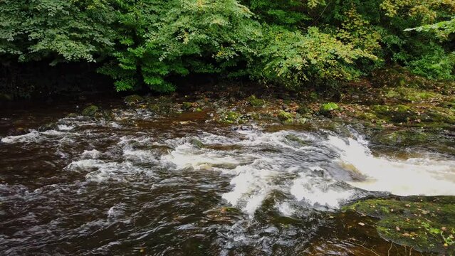 Close up of the river Tavy flowing over large boulders in the water after flowing through the town of Tavistock in the English county of Devon