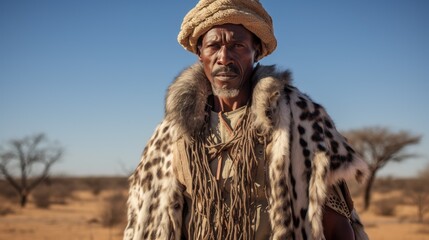 MR bushman of the Kalahari Desert in Botswana. Demonstrating hunting and wearing traditional clothing.
