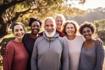 Portrait of a group of senior friends looking down at the camera while standing together, Smiling active senior people standing in a huddle after or before group yoga training in nature - obrazy, fototapety, plakaty