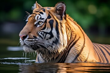 Fototapeta na wymiar Adult tiger roams the water hunting